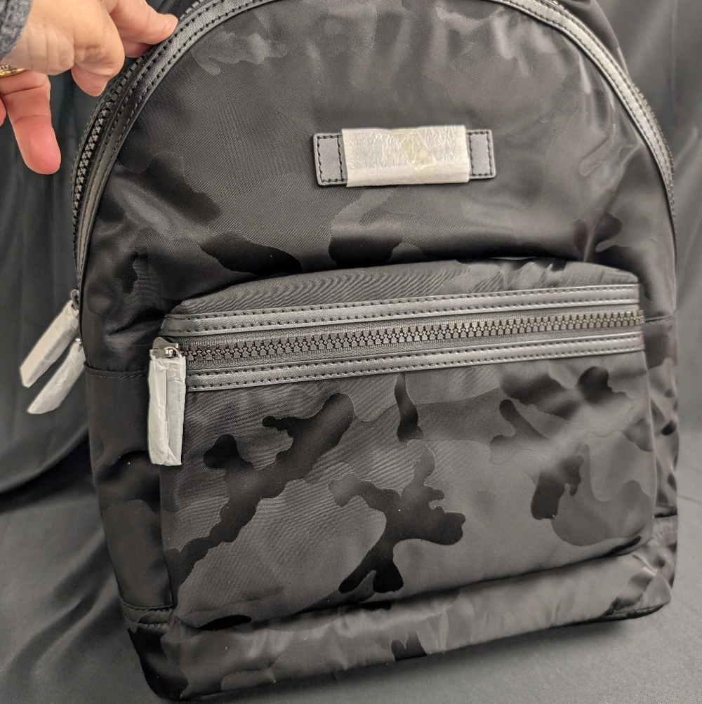 Michael Kors Kent Medium Signature Black Backpack Logo Print Gold Hardware